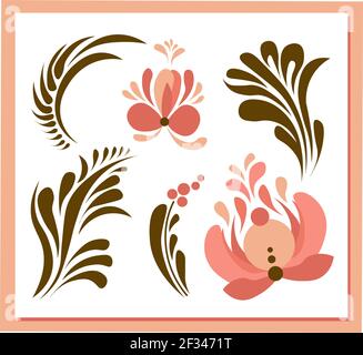 Stylized floral elements isolated. For creating patterns and decorating designs. Petrikovskaya painting. Vector illustration. Stock Vector