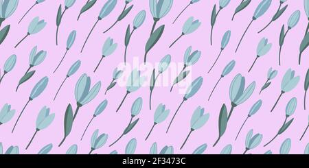 Delicate spring pattern with blue flowers. Crocuses and lilies of the valley.Vector illustration. Stock Vector
