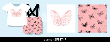 Seamless pink pattern. Butterflies are beautiful fashion design. Fabric and textile design. Set: pattern and sticker. Vector illustration. Stock Vector