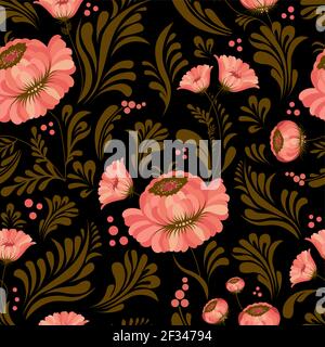 Seamless pattern in folk style. Petrikovskaya painting. Sign painting. Russian and Ukrainian national ornament. Vector illustration. Stock Vector