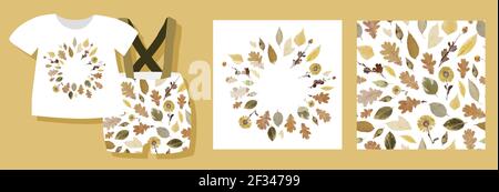 Seamless leaves pattern. Autumn leaves beautiful fashion design. Fabric and textile design. Set: pattern and sticker. Vector illustration. Stock Vector