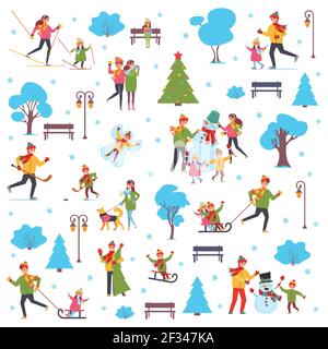 Winter in the city season background people characters. Winter outdoor activities gorizontal banner. Flat vector illustration isolated on white. Stock Vector