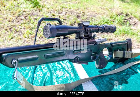 Samara, Russia - May 28, 2016: Russian firearms. Closeup of a sniper rifle scope lens Stock Photo