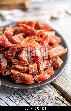 Dried chicken meat. Tasty jerky meat on plate. Stock Photo