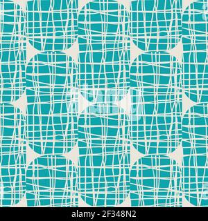 Irregular weave effect vector rectangles seamless pattern background. Backdrop with alternating columns of aqua blue cream white rounded coarsely Stock Vector
