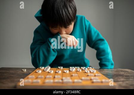 Elementary School Student as a Shogi (Japanese Chess) Player Stock Photo