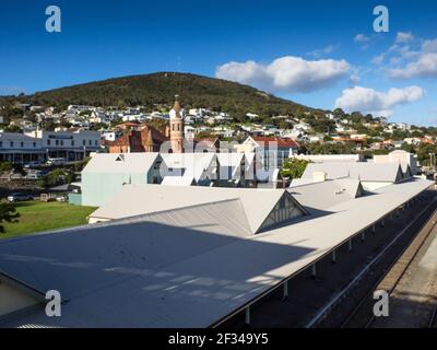 Albany railway station and the Old Post Office clock tower, with Mt Clarence behind, Western Australia Stock Photo