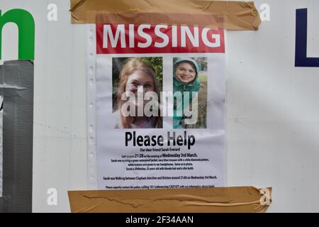 Sarah Everard's missing person poster in Clapham Common Stock Photo
