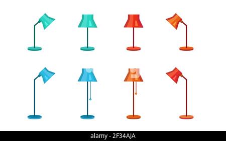 Set Blue and orange table lamp isolated on white. Blue floor lamp icon for interior house. Vector illustration in flat style. Stock Vector