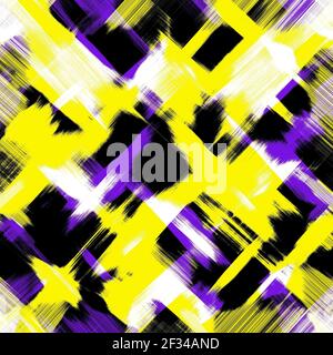 Yellow, black, dark purple, white paint stains. Multicolored background. Abstract bright chaotic brush strokes. Grunge wallpaper, art modern design Stock Photo