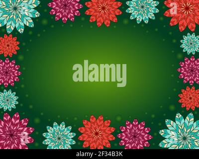 Multicolor decorative flowers on green background with circle, beautiful greeting card Stock Vector