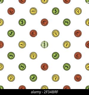 Hand drawn vector seamless pattern with coins. Decorative background. Dollar, euro, ruble. Stock Vector