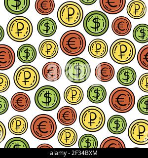 Hand drawn vector seamless pattern with coins. Decorative background. Dollar, euro, ruble. Stock Vector