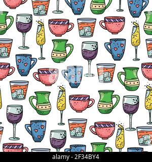 Hand drawn vector seamless pattern with cups and glasses. Decorative background. Stock Vector