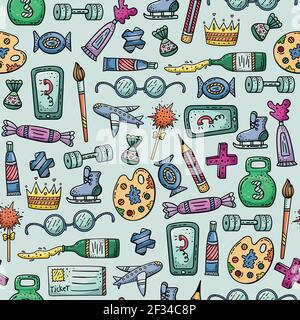Hand drawn vector seamless pattern with doodles illustrations. Decorative background. Stock Vector