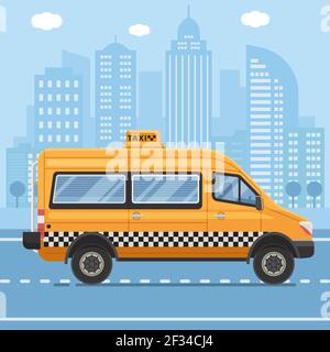 Yellow Taxi Mini Van in Flat Design Stock Vector