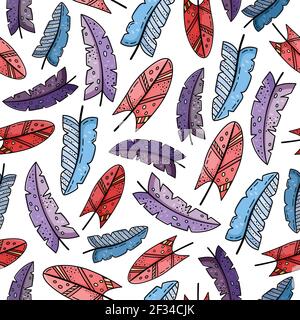 Hand drawn vector seamless pattern with doodles illustrations. Creative feathers. Decorative background. Stock Vector