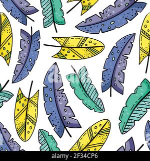 Hand drawn vector seamless pattern with doodles illustrations. Creative feathers. Decorative background. Stock Vector