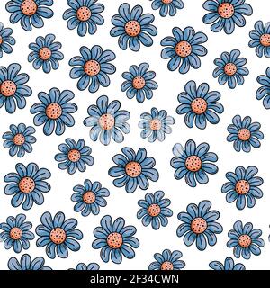 Hand drawn vector seamless pattern with doodles illustrations. Blue flowers with petals, daisies. Decorative floral background. Stock Vector