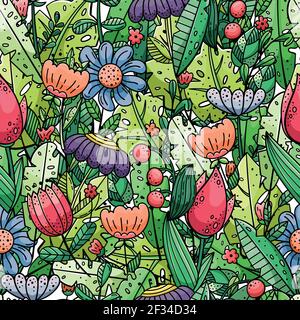 Hand drawn vector seamless pattern with doodles illustrations. Flowers and plants. Decorative floral background. Stock Vector