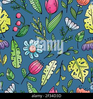 Hand drawn vector seamless pattern with doodles illustrations. Flowers and plants. Decorative floral background. Stock Vector