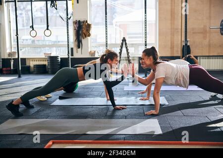 Joyous ladies doing plank exercises and motivating one another Stock Photo