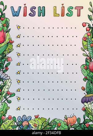 Vector doodle template with creative illustrations and lettering. Wish list, dreams. Stock Vector