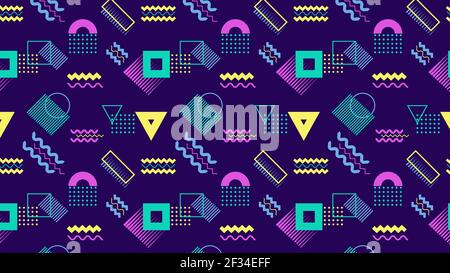 Neon geometric seamless pattern on dark background Stock Vector