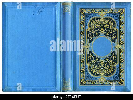 Antique open book cover in blue canvas with embossed golden abstract and floral decorations (circa 1884), isolated on white Stock Photo