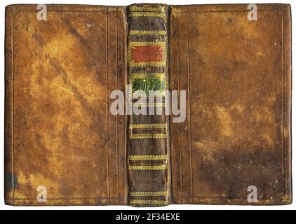 Antique open book - leather cover with golden embossed ornaments on spine - circa 1776 Stock Photo
