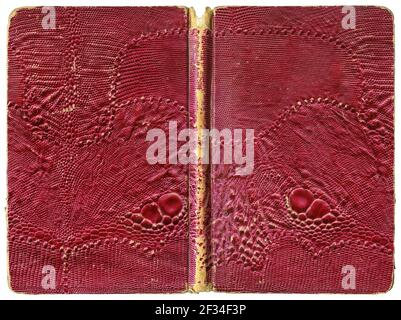 Open book or notebook - tattered vintage red cover with artificial lizard leather Stock Photo