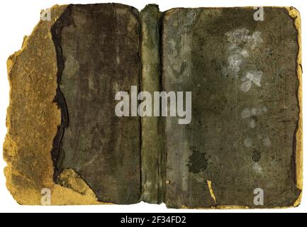 Old damaged open book cover - brown canvas and cardboard - nice details! Stock Photo