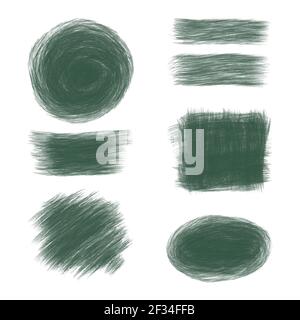 A set of green dry brush strokes and spots on a white background. Color pencil, crayon or chalk - textured label for the banner. Vector stock illustra Stock Vector
