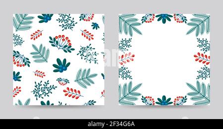 Collection of Merry Christmas greeting card and seamless pattern with winter plants frame in the retro style. Stock vector illustrations with botanica Stock Vector