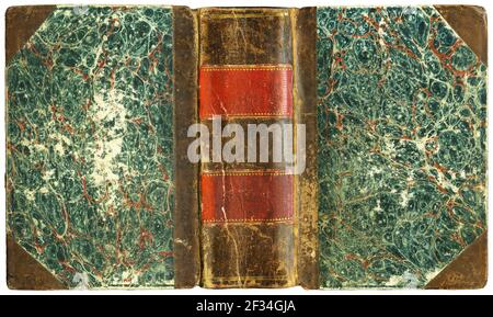 Old antique open book cover with leather spine and marbled paper - circa 1825 - isolated on white Stock Photo