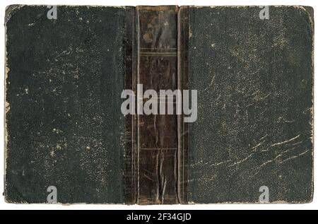 Old open book cover - worn textured black paper with brown leather spine - circa 1875 - isolated on white, perfect in detail Stock Photo