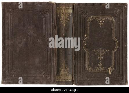 Antique open book cover in decorated brown canvas - circa 1880 - isolated on white - perfect in detail Stock Photo
