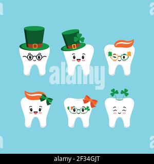 St Patrick day tooth icon set isolated. Stock Vector
