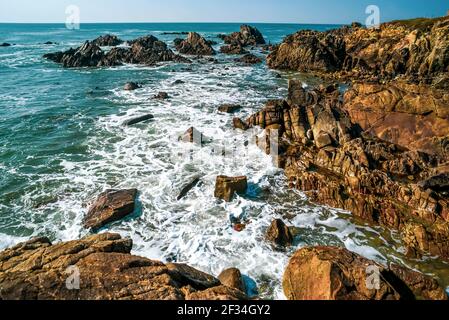 Sea landscape, rocky ocean coast, selective focus. Stock Photo