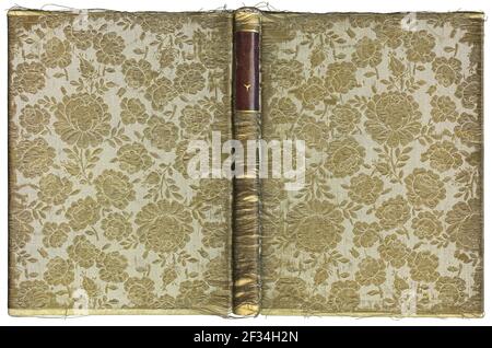 Vintage open book cover with roses - floral pattern - interesting fabric embroidered with gold thread - circa 1905 Stock Photo