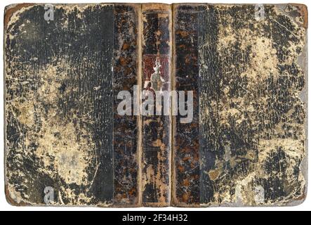 Antique open book - scratched grungy cover with leather spine - circa 1862 - isolated on white Stock Photo