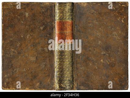 Worn leather cover - antique open book with golden abstract decorations on spine (circa 1775) Stock Photo