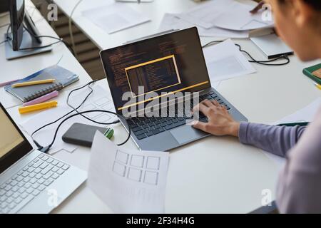 Close up of female IT developer writing code while using laptop in office with team of software engineers, copy space Stock Photo
