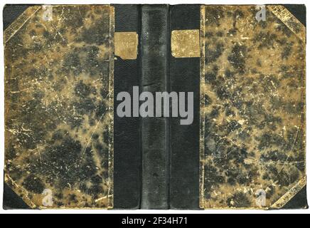 Vintage open book or diary cover with textured cloth spine and scratched grunge worn marbled paper boards - isolated on white Stock Photo