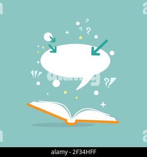 Open book with question marks, plus sign, arrows and speech bubble on powder blue background. Flat vector reading icon. Quotation book pictogram. Educ Stock Vector