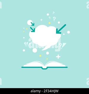 Open book with question marks, plus sign, arrows and speech bubble on powder blue background. Flat vector reading icon. Quotation book pictogram. Educ Stock Vector