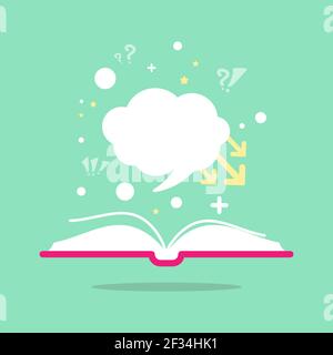 Open book with question marks, plus sign, arrows and speech bubble on powder blue background. Flat vector reading icon. Quotation book pictogram. Educ Stock Vector