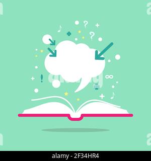 Open book with question marks, plus sign, arrows and speech bubble on powder blue background. Flat vector reading icon. Quotation book pictogram. Educ Stock Vector