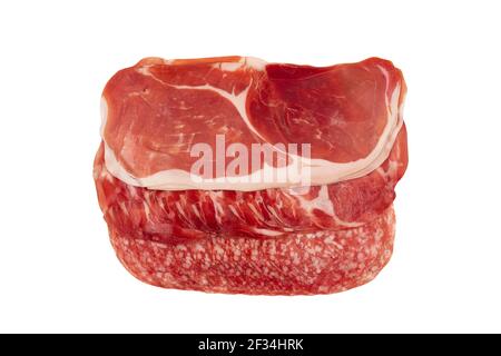 top view of assorted meat rows with smoked salami sausages and prosciutto slices isolated on white background Stock Photo