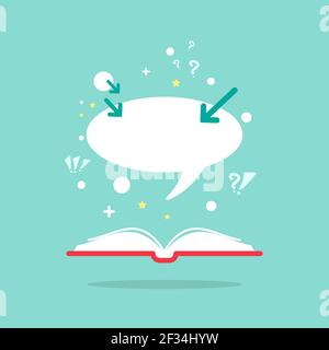 Open book with question marks, plus sign, arrows and speech bubble on powder blue background. Flat vector reading icon. Quotation book pictogram. Educ Stock Vector